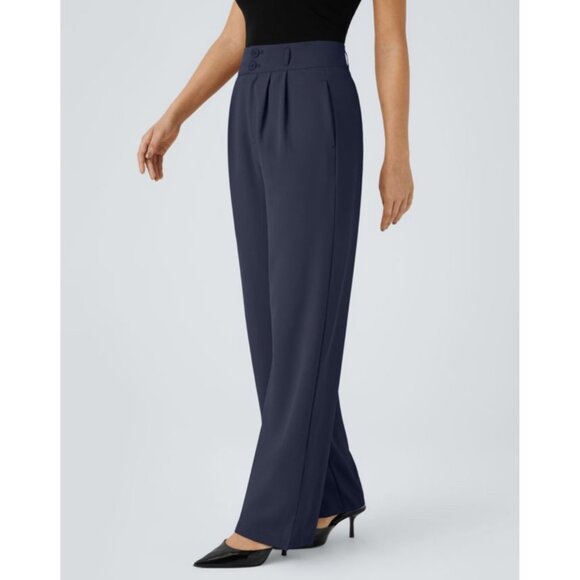 Halara High Waisted Shirred Straight Leg Work Pants Sz XL Womens Navy Blue Pocke - Picture 11 of 13